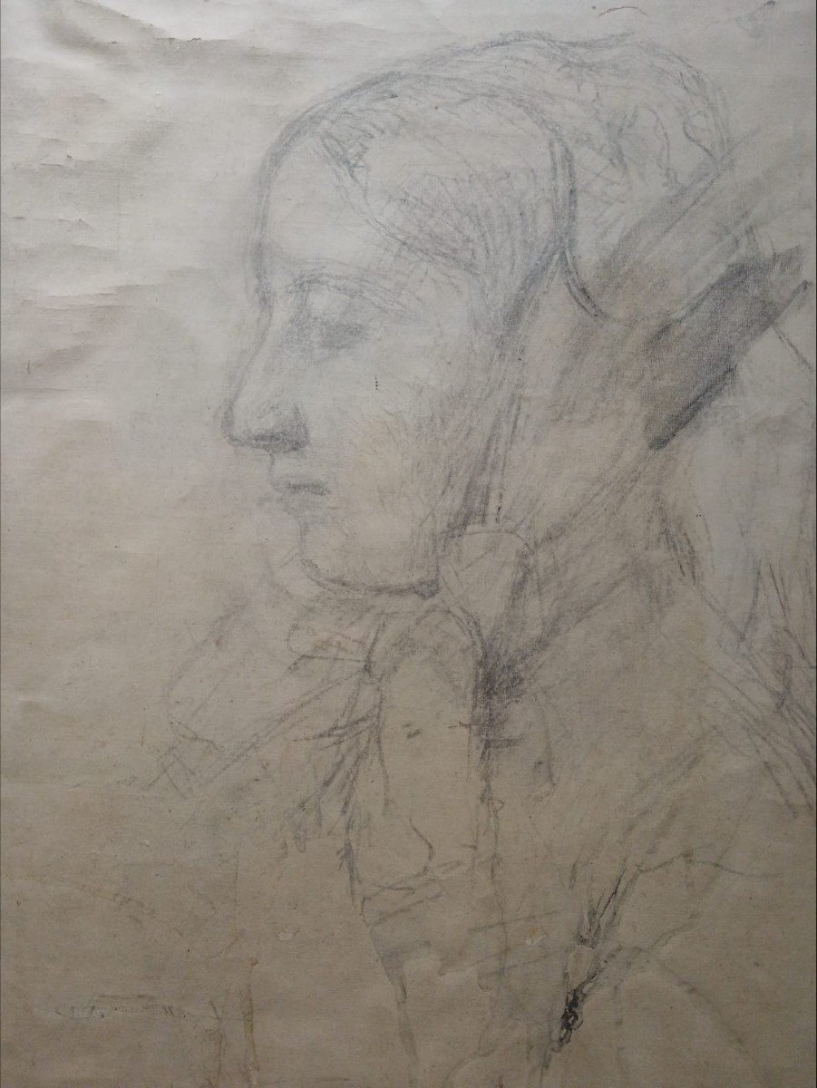 Georges Brétegnier. Sketch On Canvas "young Woman From The Country Of Montbéliard" 42.7 X 33 Cm-photo-2