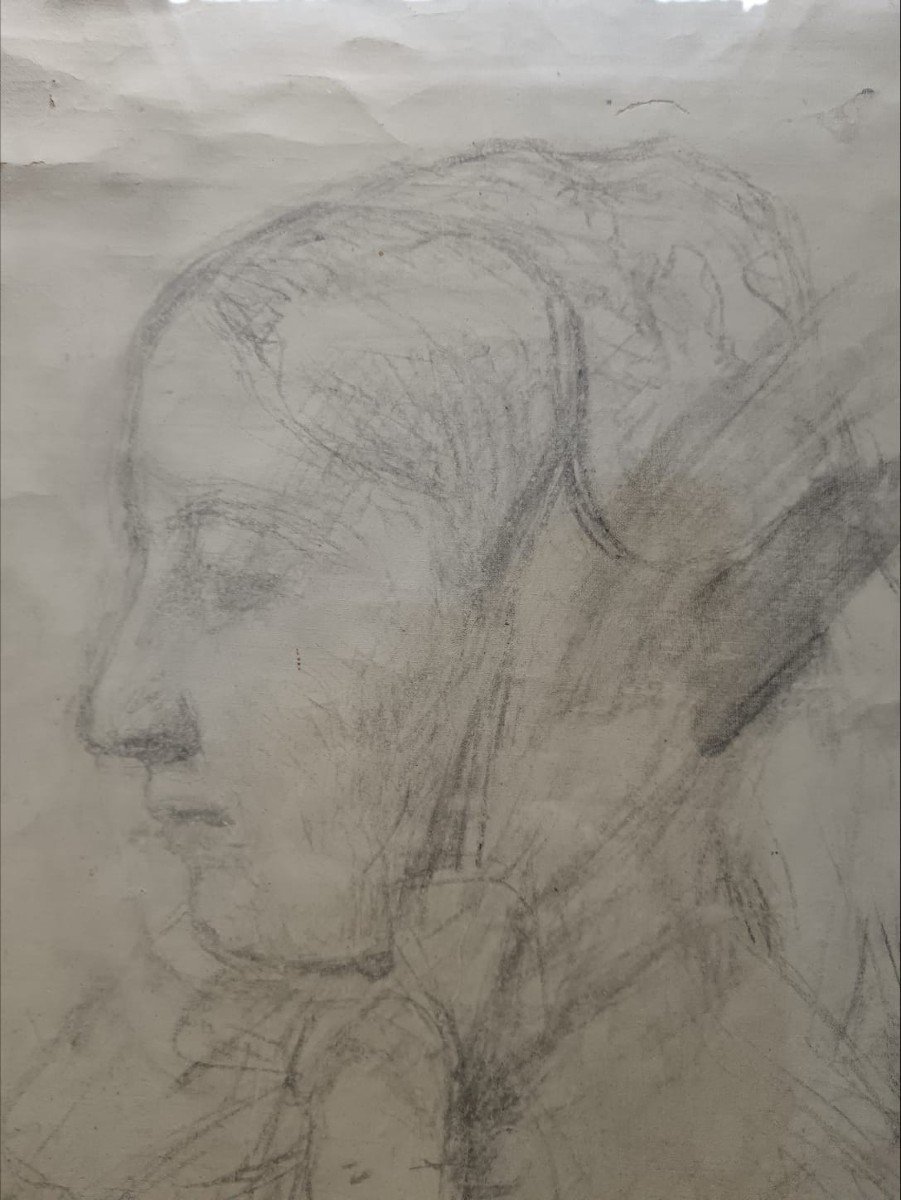 Georges Brétegnier. Sketch On Canvas "young Woman From The Country Of Montbéliard" 42.7 X 33 Cm-photo-1