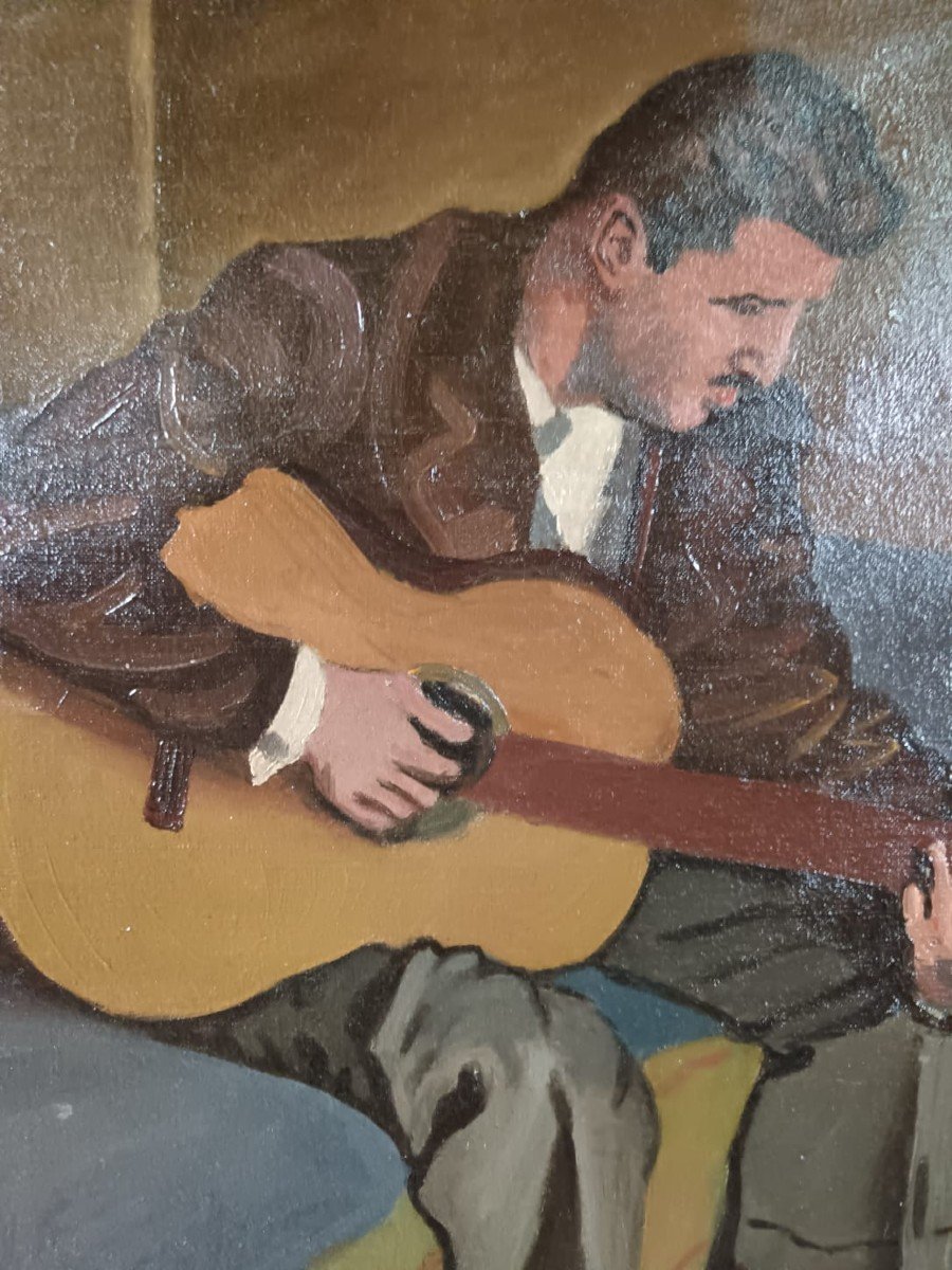 Marcel Gonzalez. Huile Sur Toile "le Guitariste Au Coin Du Lit" 73 X 54 Cm-photo-2