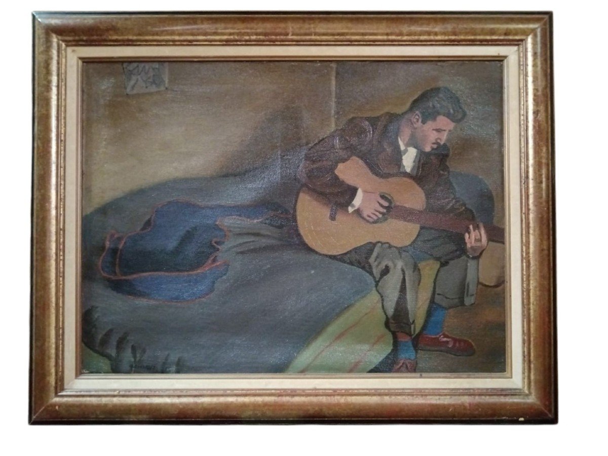 Marcel Gonzalez. Huile Sur Toile "le Guitariste Au Coin Du Lit" 73 X 54 Cm