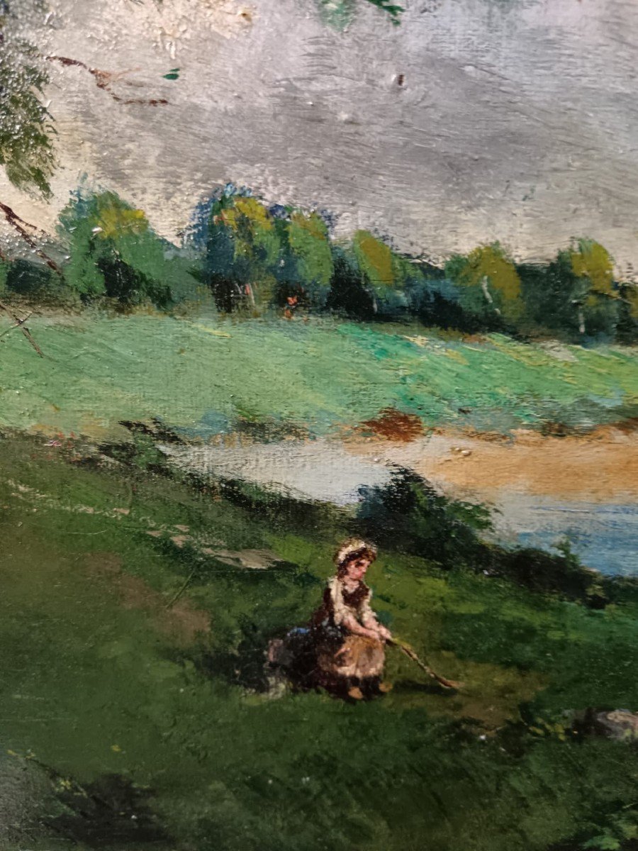 Barbizon School. Oil On Canvas "young Peasant Woman At The Edge Of The Pond" 90 X 45 Cm-photo-3