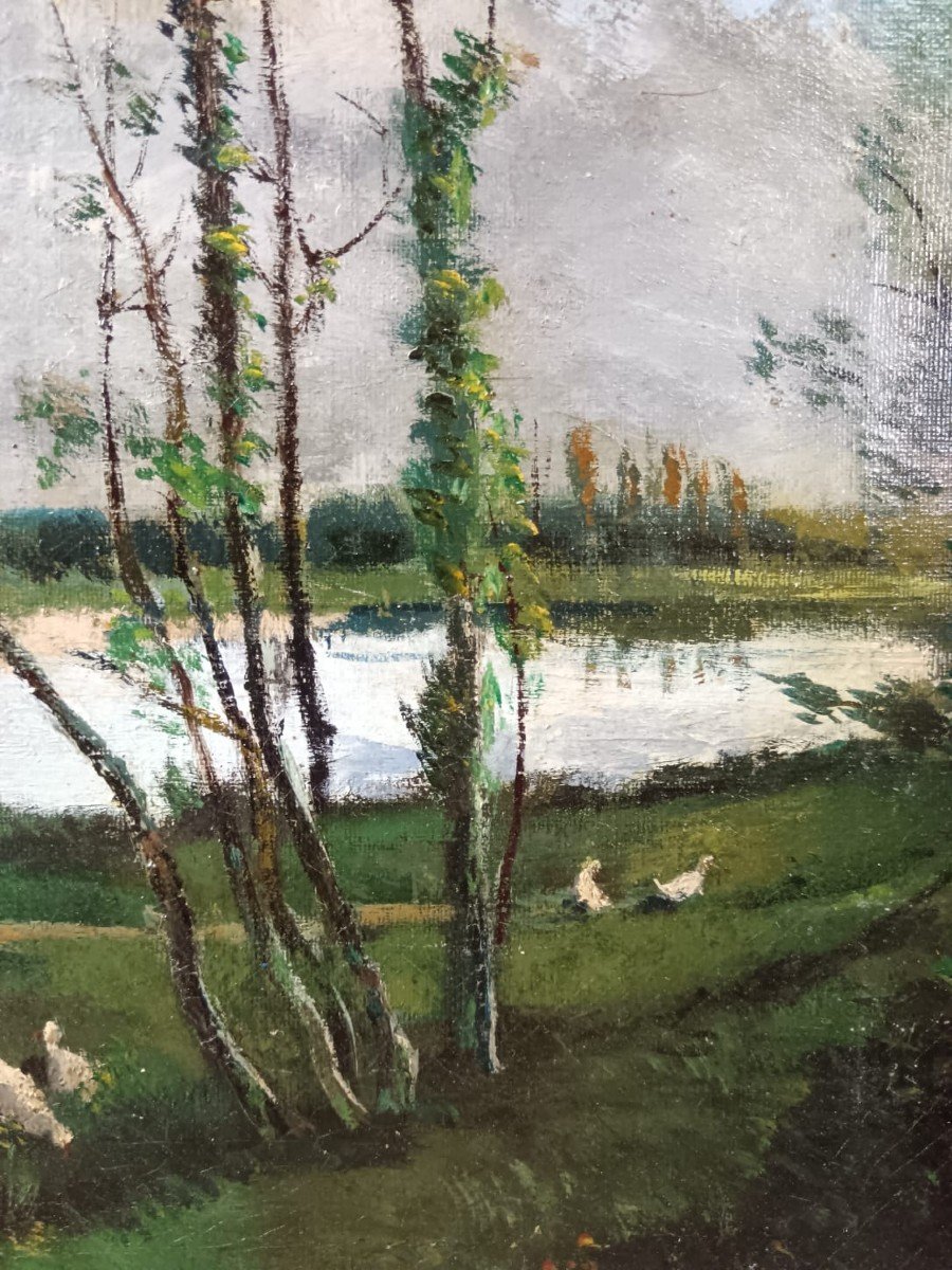 Barbizon School. Oil On Canvas "young Peasant Woman At The Edge Of The Pond" 90 X 45 Cm-photo-1