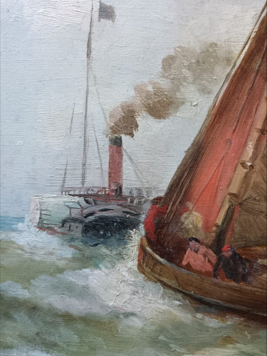 Ch.picard. Oil On Cardboard "steam Ahead Of A Fishing Boat" 40.8 X 32.1 Cm-photo-5