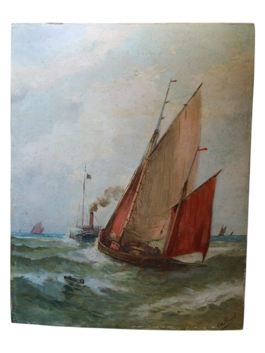 Ch.picard. Huile Sur Carton "vapeur Devançant Un Bateau De Pêche" 40,8 X 32,1 Cm