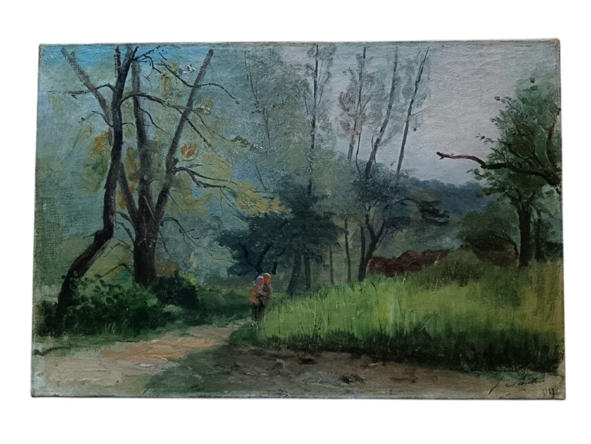 école De Barbizon. Huile Sur Toile "paysanne Et Son Enfant En Forêt" 40 X 27 cm