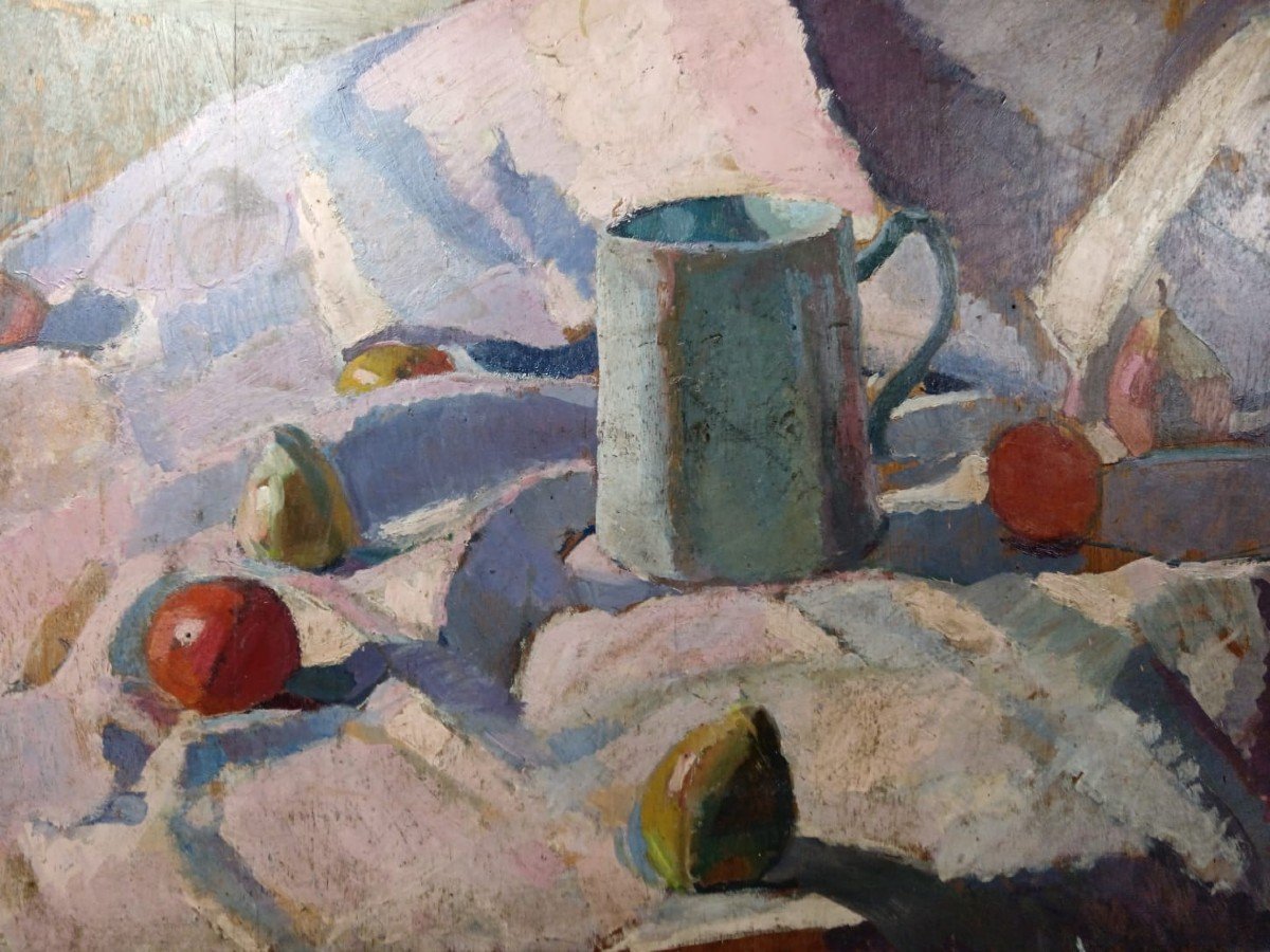 école Moderne. Huile Sur Panneau "nature Morte Sur Une Nappe Immaculée" 75 X 60 Cm-photo-2