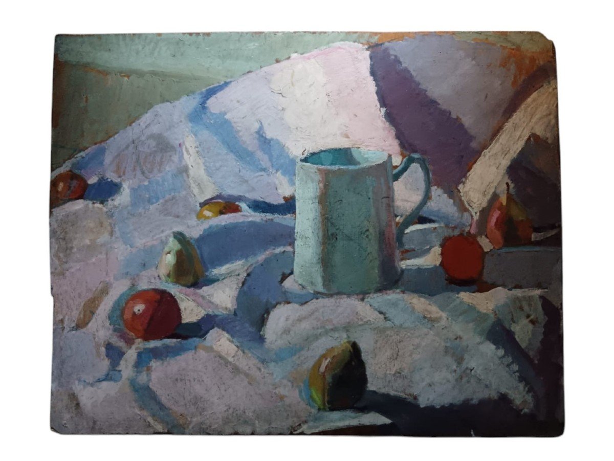 école Moderne. Huile Sur Panneau "nature Morte Sur Une Nappe Immaculée" 75 X 60 Cm