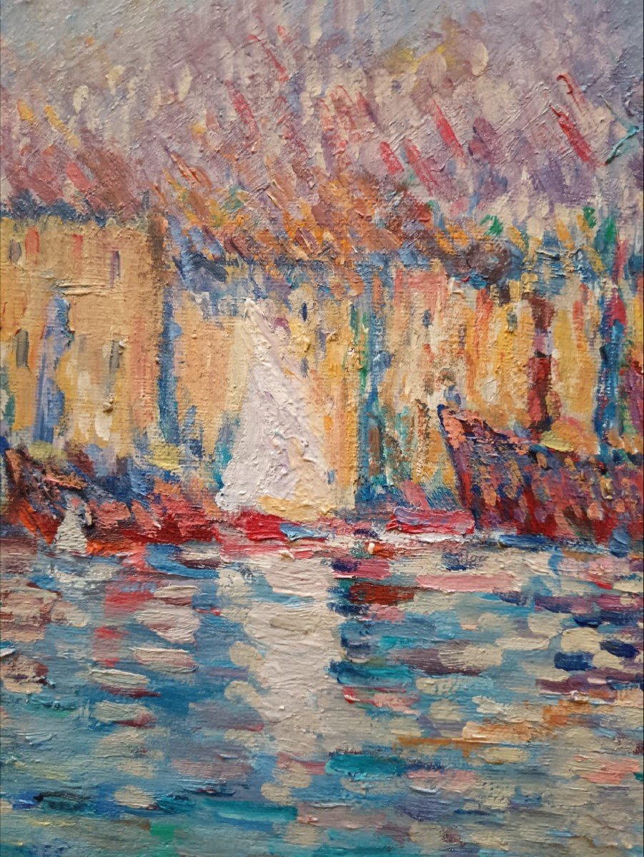 Ecole Pointilliste. Huile Sur Toile "marseille Le Port" 91,8 X 73 Cm-photo-3