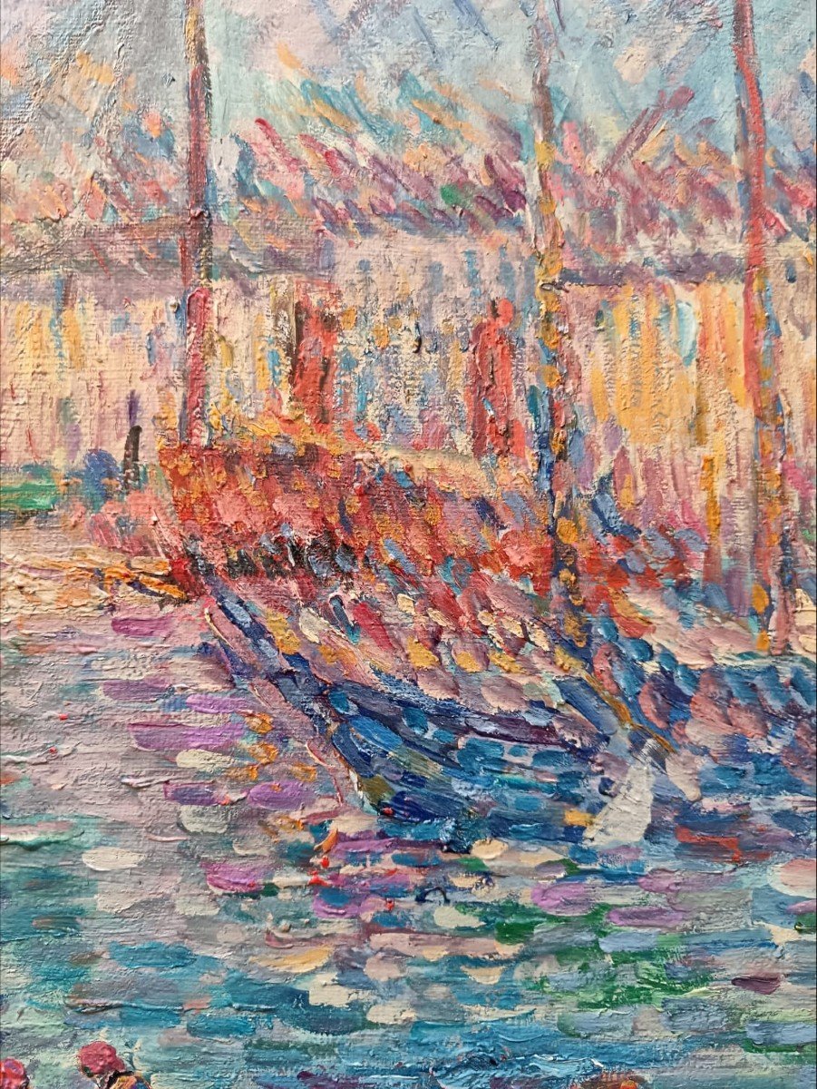 Ecole Pointilliste. Huile Sur Toile "marseille Le Port" 91,8 X 73 Cm-photo-4