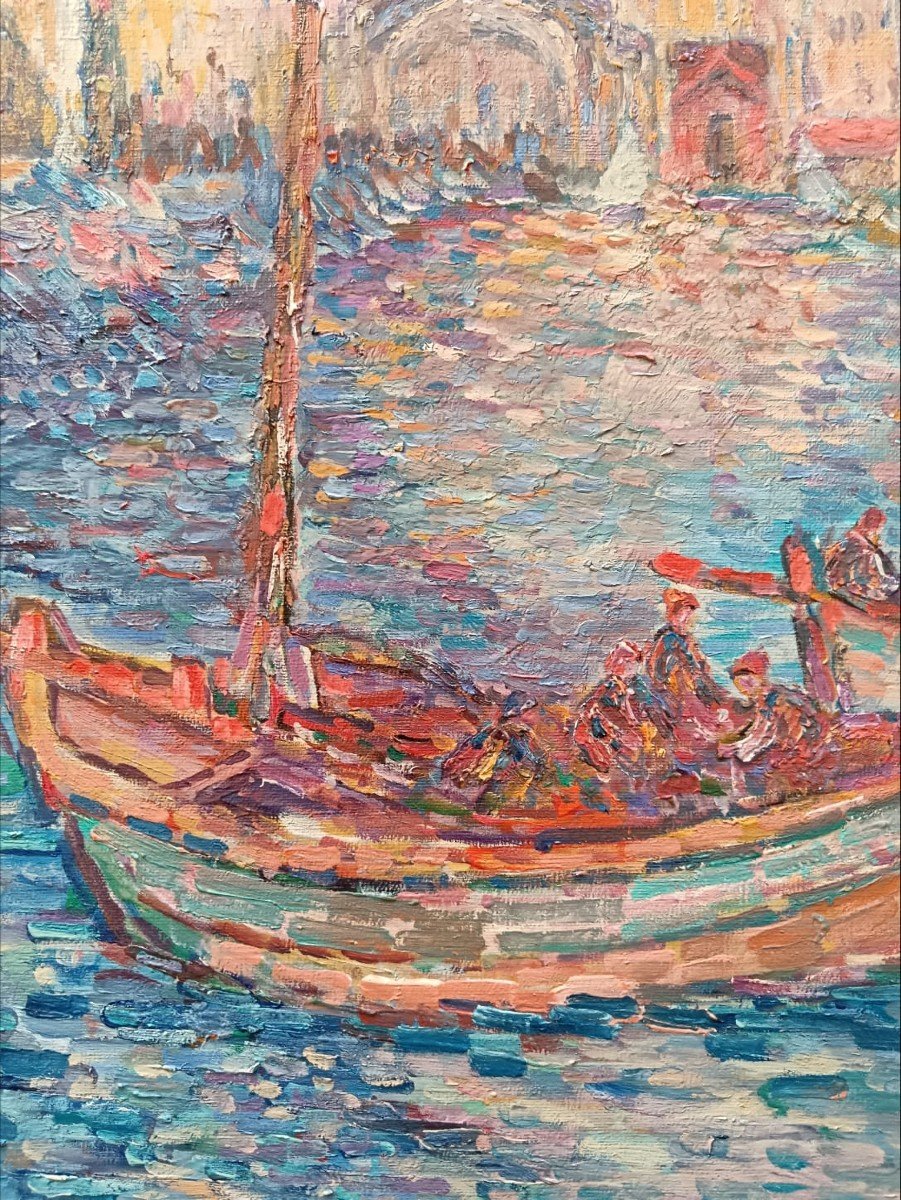 Ecole Pointilliste. Huile Sur Toile "marseille Le Port" 91,8 X 73 Cm-photo-6