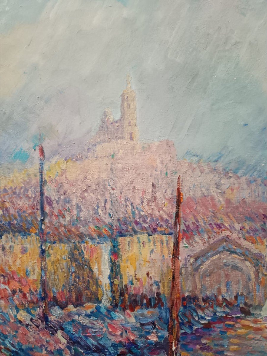 Ecole Pointilliste. Huile Sur Toile "marseille Le Port" 91,8 X 73 Cm-photo-7