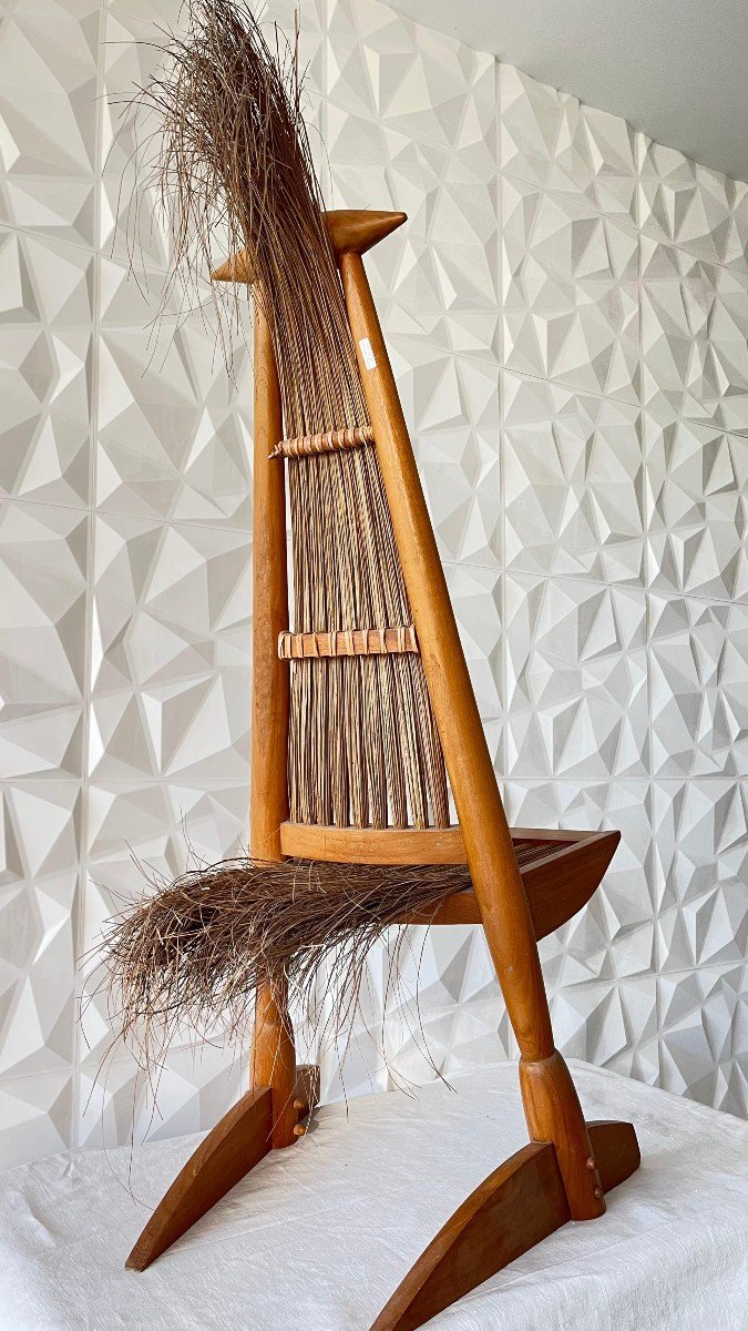 American School. White Ash And Reed Straw Sculpture "bird Chair". Height 129 Cm-photo-4