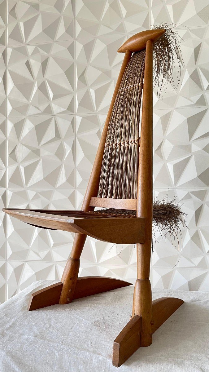 American School. White Ash And Reed Straw Sculpture "bird Chair". Height 129 Cm