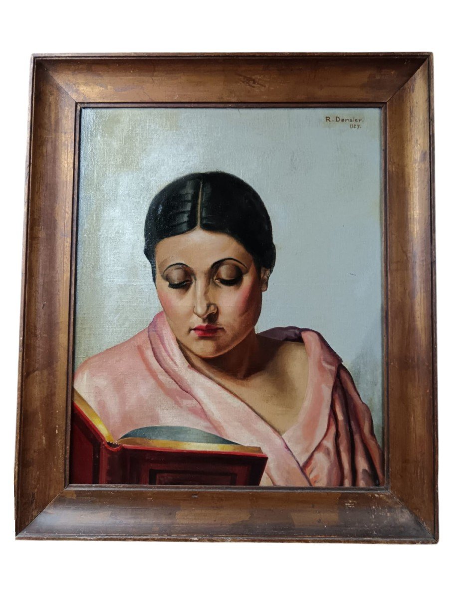 Robert Dansler. Oil On Canvas "young Woman Reading Her Price Book" 61 X 50 Cm