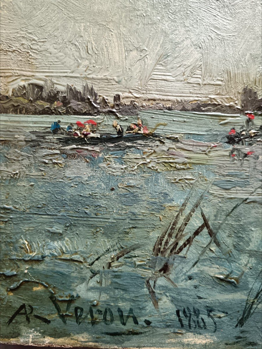 Alexandre René Véron. Huile Sur Toile "pêcheurs Au Bord De l'Eau" 46,3 X 27,2 Cm-photo-8