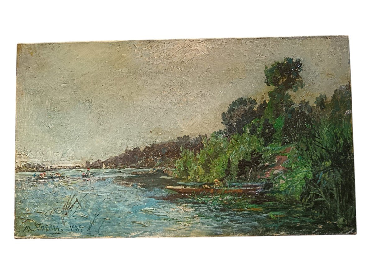 Alexandre René Véron. Huile Sur Toile "pêcheurs Au Bord De l'Eau" 46,3 X 27,2 Cm