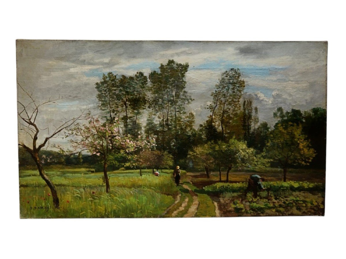 Pierre-emmanuel Damoye. Huile Sur Toile "maraîchage De Printemps" 61 X 35,4 Cm