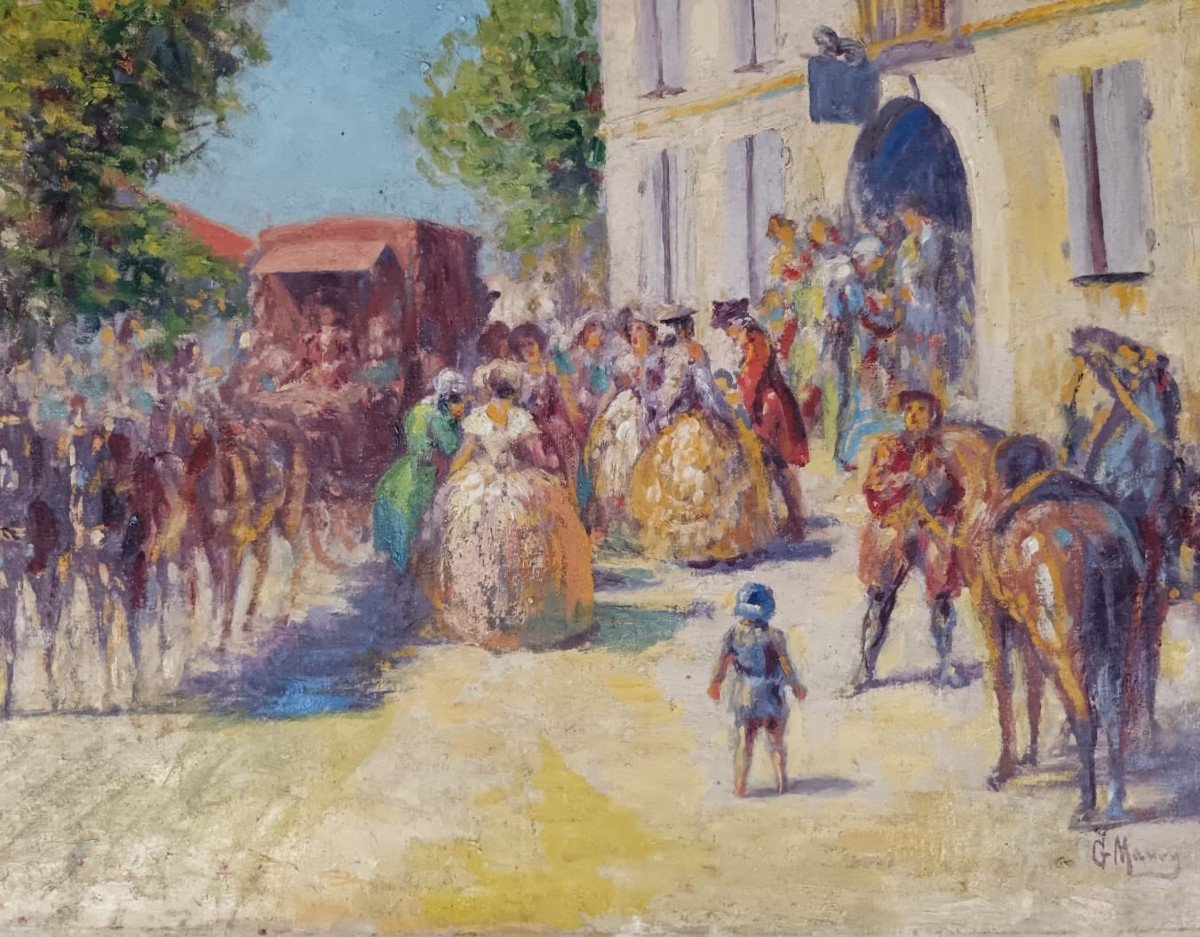 Georges Maury. Huile Sur Toile "l'arrivée De La Diligence" 46 X 38 Cm-photo-2