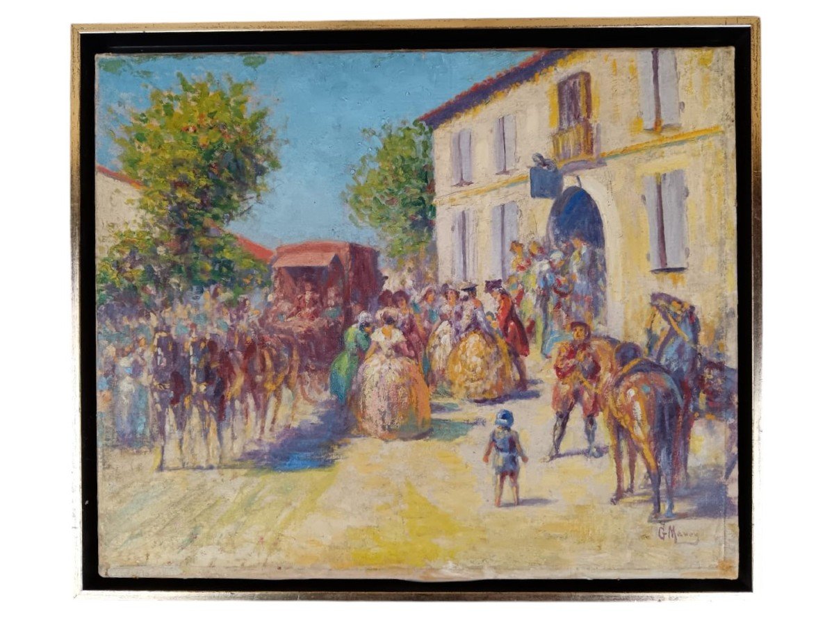 Georges Maury. Huile Sur Toile "l'arrivée De La Diligence" 46 X 38 Cm