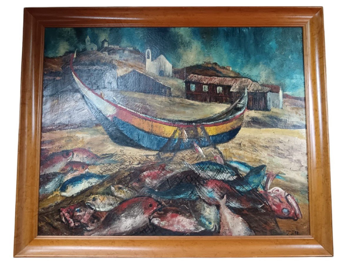 Louis Pfeiffer. Huile Sur Toile "les Bienfaits De La Pêche" 92 X 73 Cm