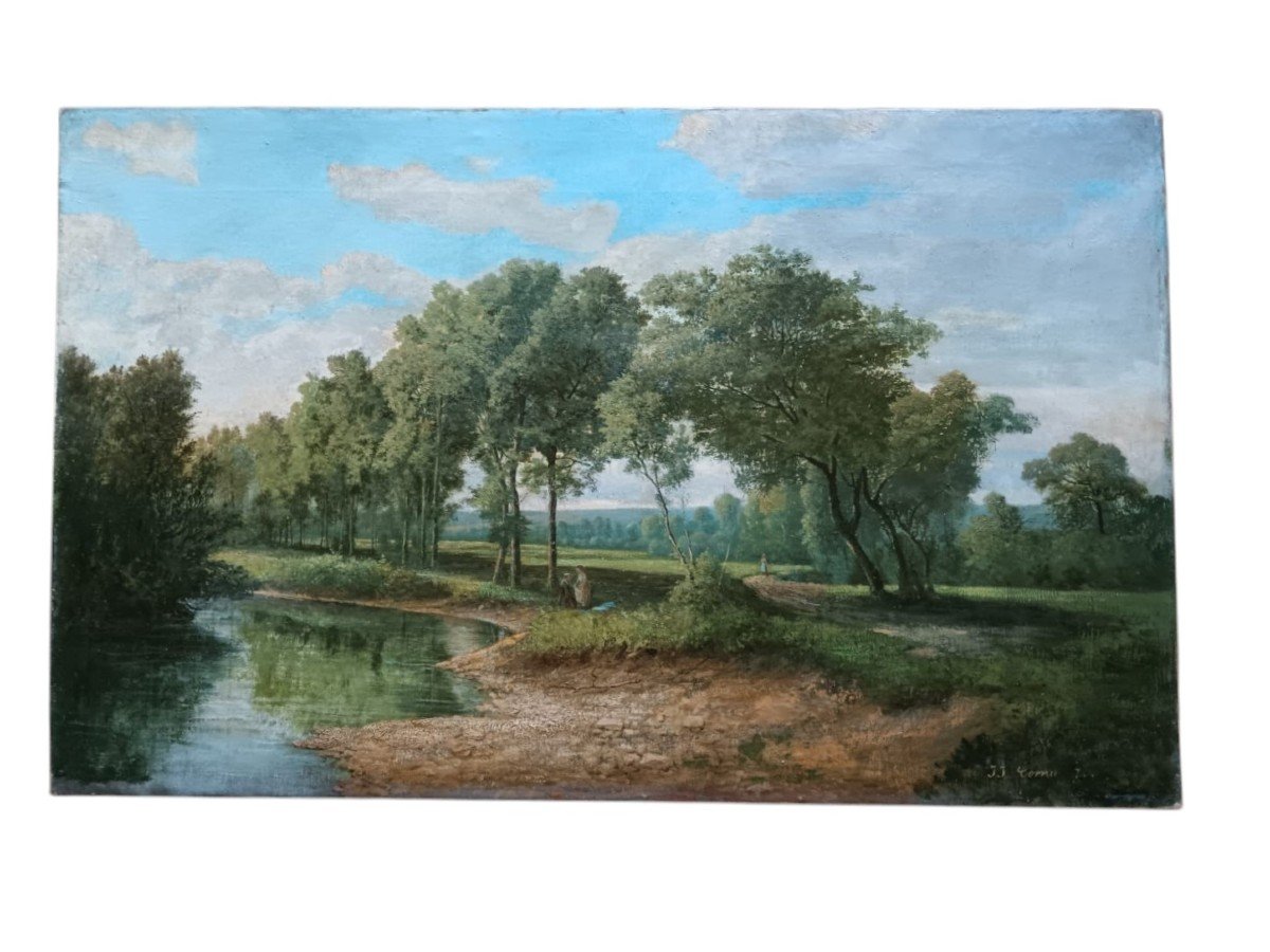 Jean-jean Cornu. Oil On Canvas "small Pose At The Water's Edge" 100.8 X 62.5 Cm