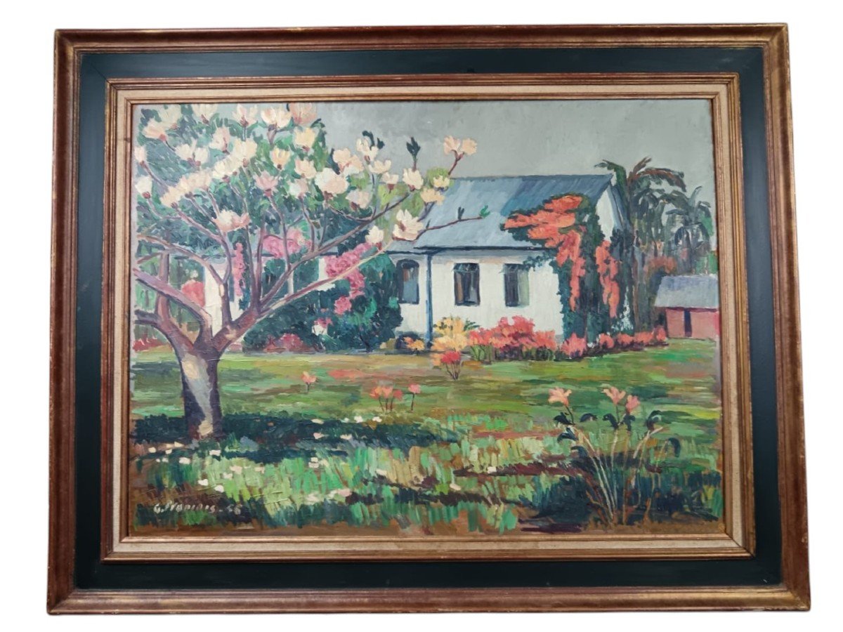 G.françois. Huile Sur Panneau d'Isorel "luxuriance Du Jardin à Ascona" 80 X 60 Cm