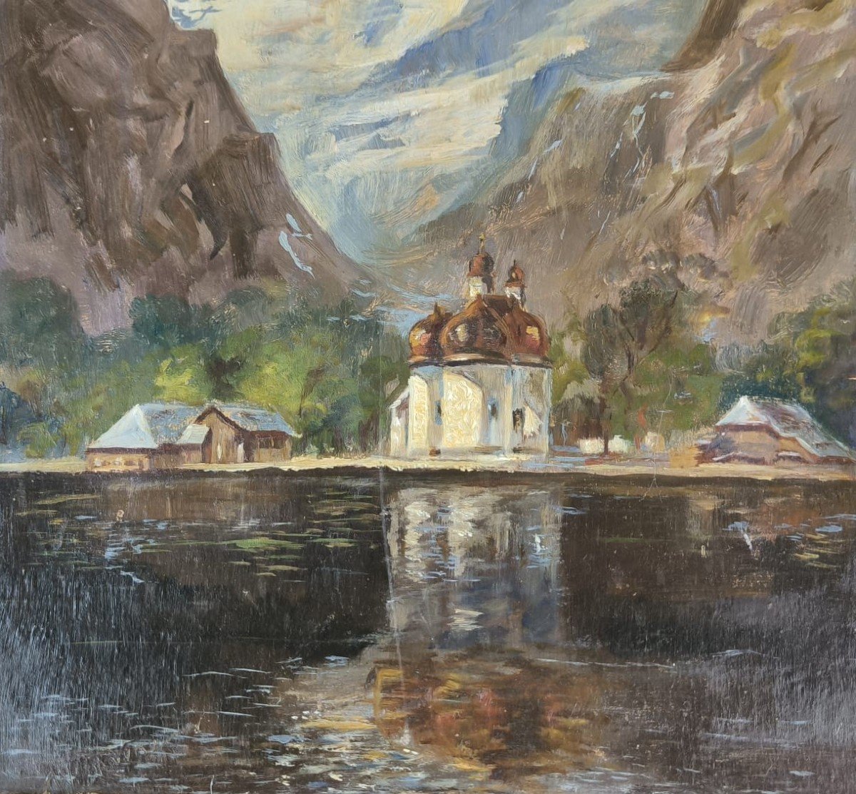 M.braun. Huile Sur Carton "l'église Saint-barthélemy Près Du Lac De Königsee" 40,3 X 30,4 Cm-photo-2