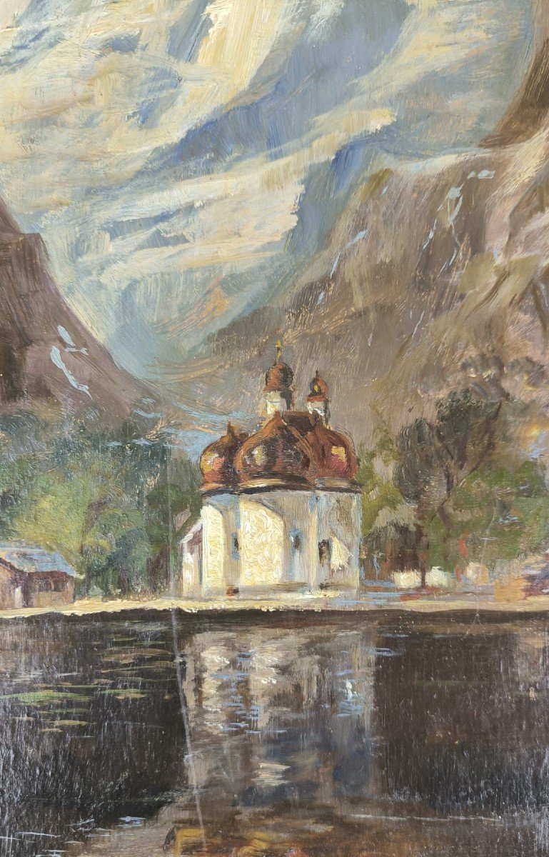 M.braun. Huile Sur Carton "l'église Saint-barthélemy Près Du Lac De Königsee" 40,3 X 30,4 Cm-photo-1