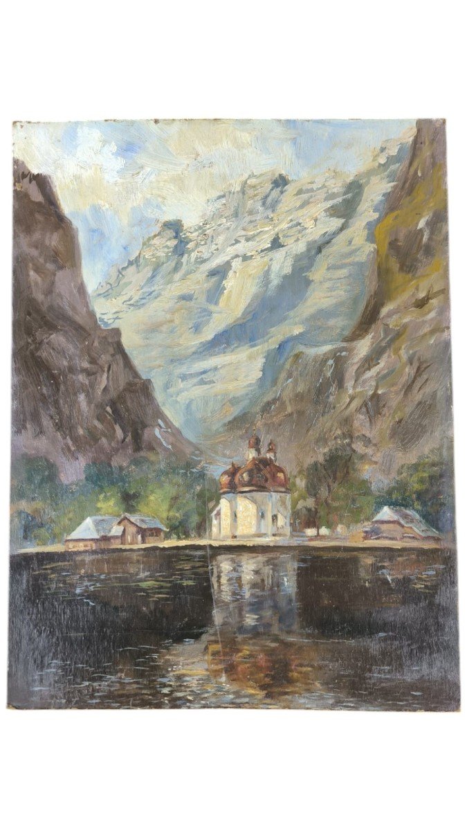 M.braun. Huile Sur Carton "l'église Saint-barthélemy Près Du Lac De Königsee" 40,3 X 30,4 Cm