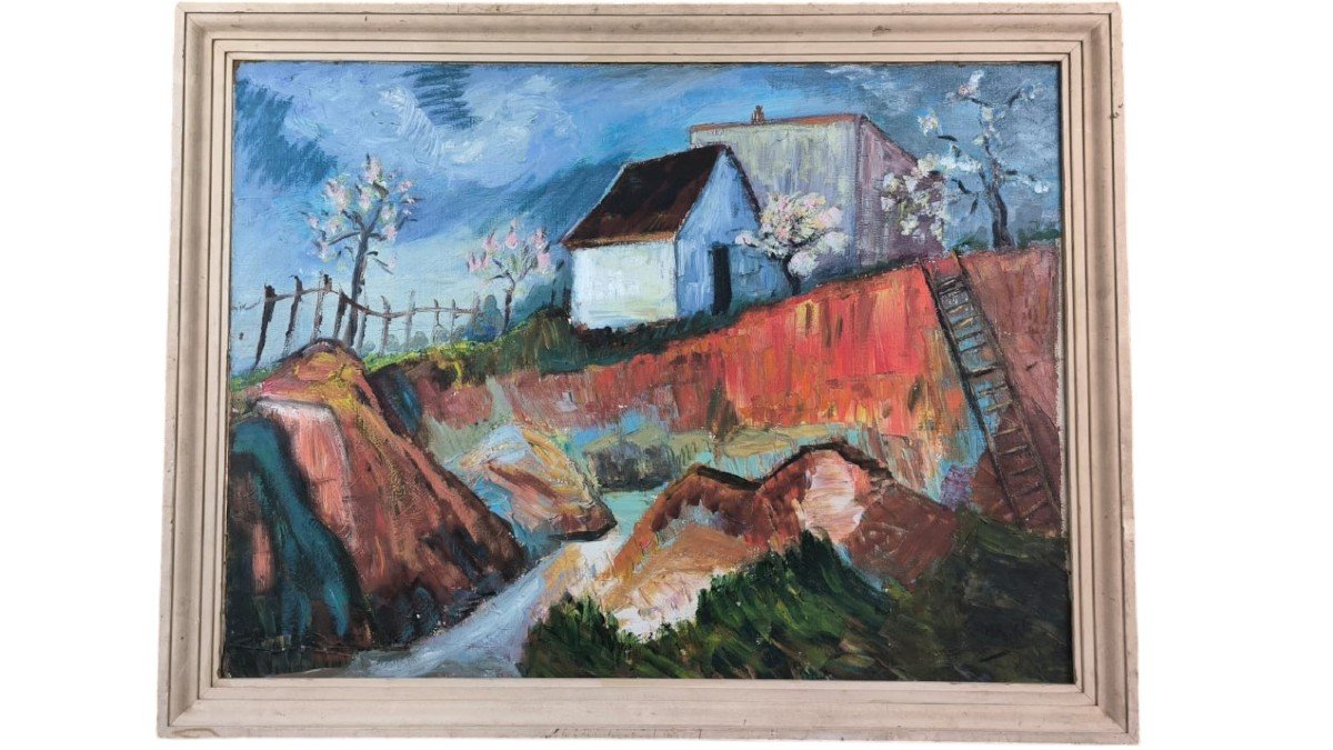 Malké. Oil On Canvas "the House Overlooking The Torrent" 81 X 60 Cm