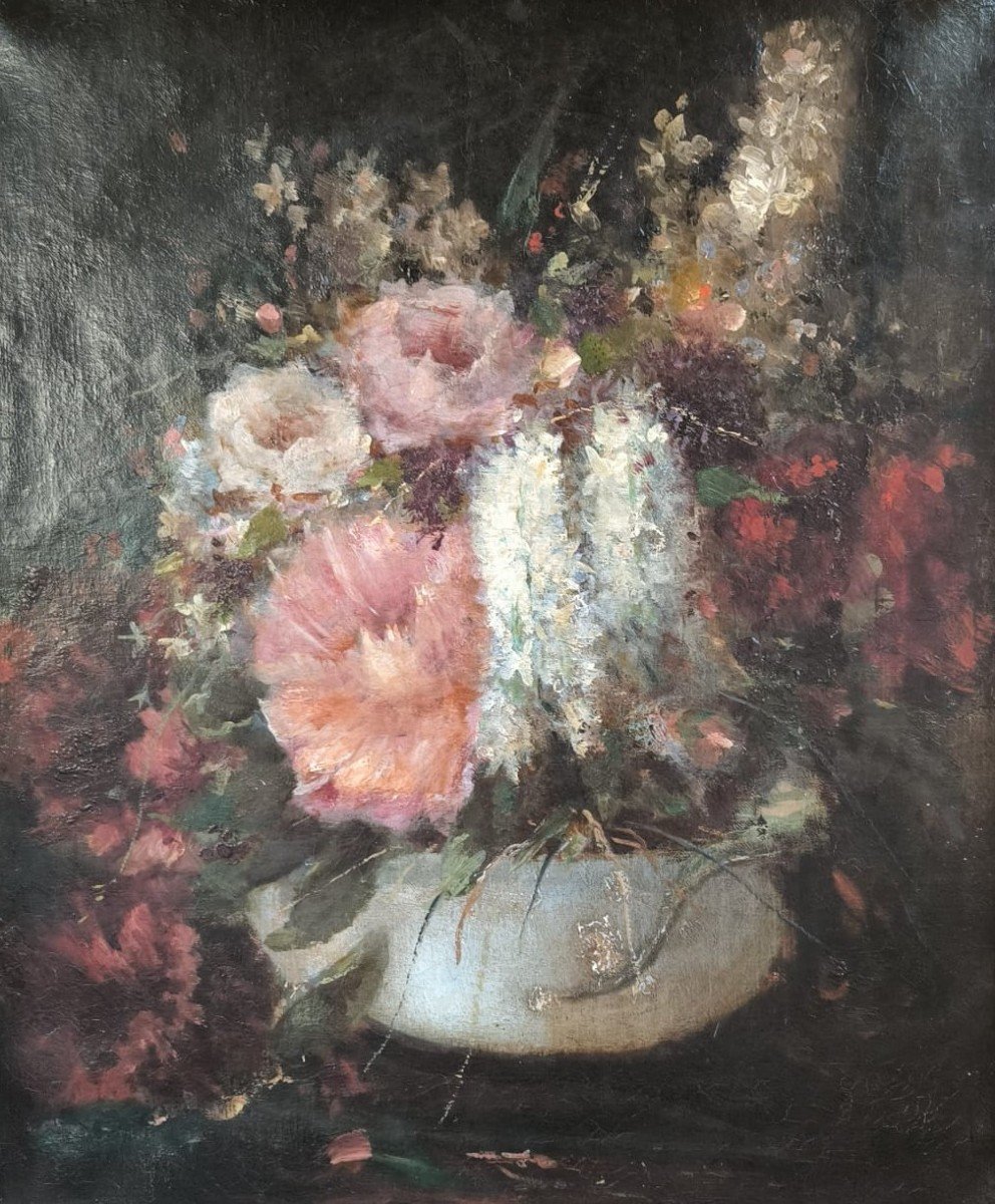 Huile Sur Toile " Belles Fleurs Dans Une Jardinière" 56 X 46 Cm-photo-3