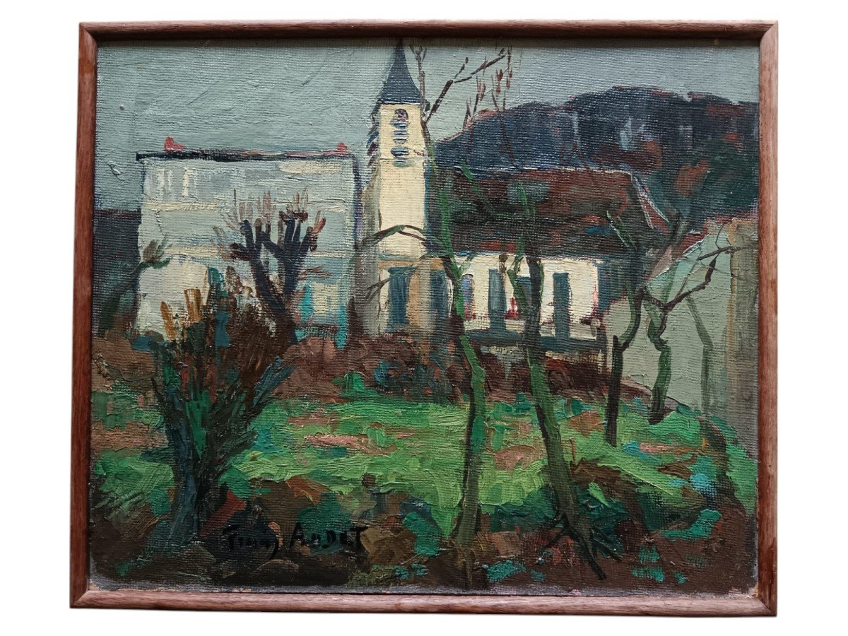 Francis Audet. Huile Double Face Sur Panneau "l'église Vue à Travers Les Arbres" 55 X 46 Cm