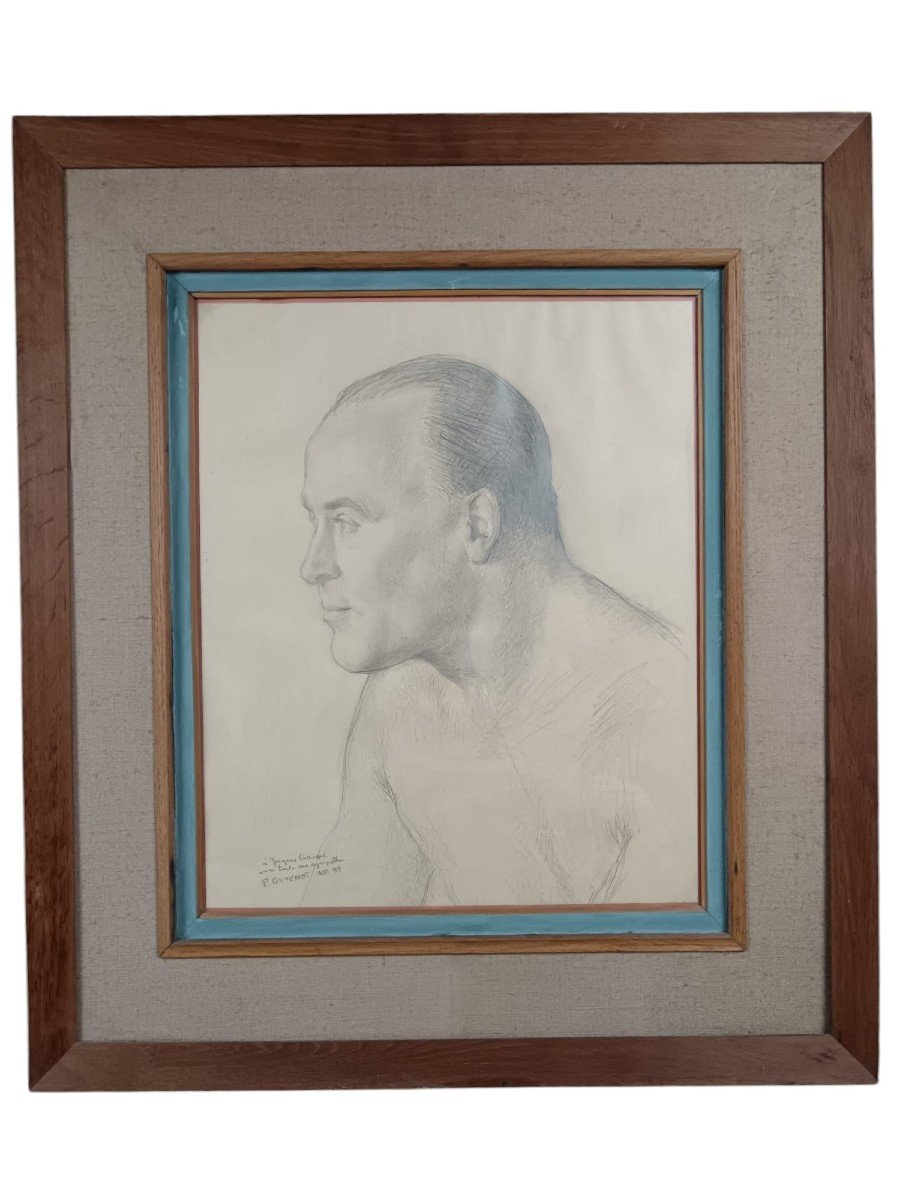 Pierre Guyénot Prix De Rome. Dessin Au Fusain "portrait d'Homme" 54 X 44,5 Cm