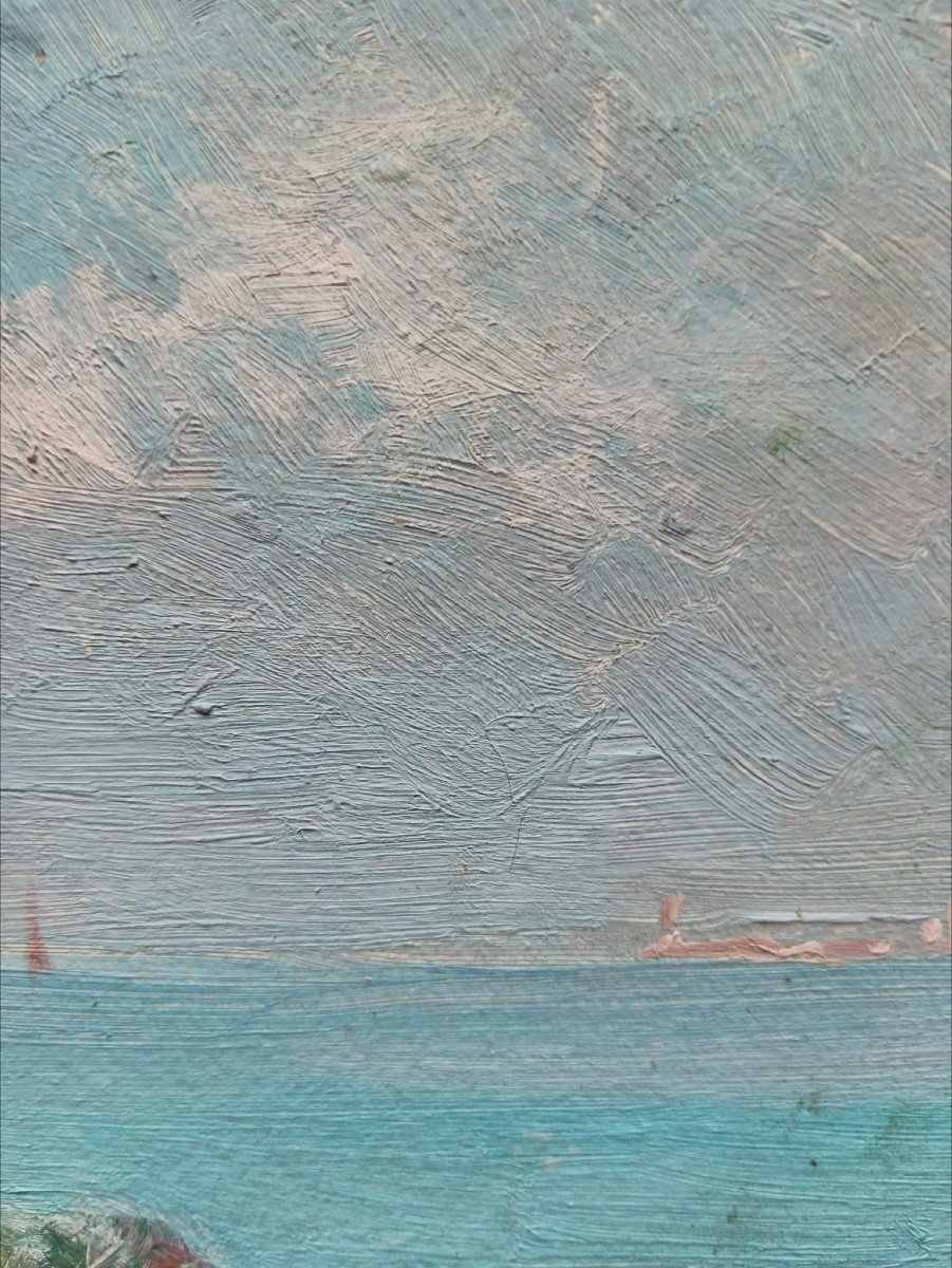 Neo-impressionist School. Oil On Plywood Panel "sailboats Offshore" 30 X 24 Cm-photo-3