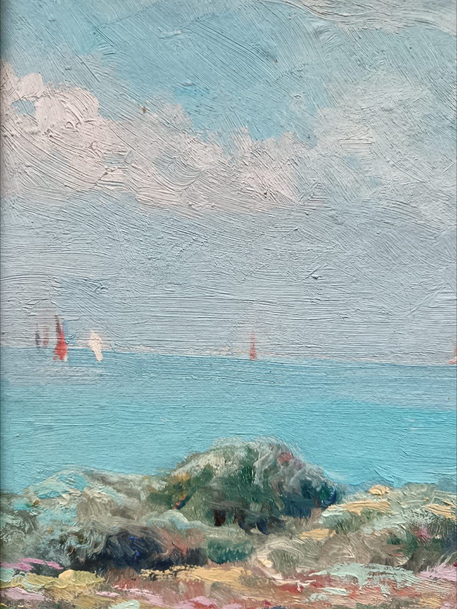 Neo-impressionist School. Oil On Plywood Panel "sailboats Offshore" 30 X 24 Cm-photo-6