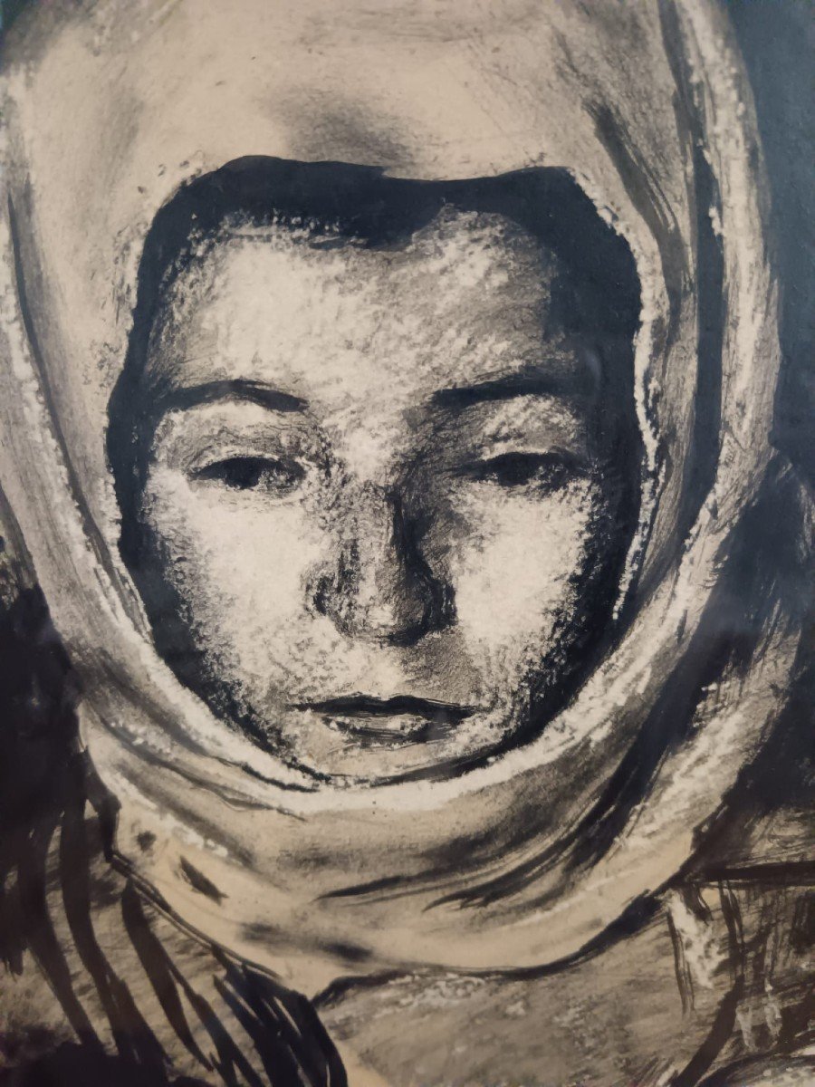 Charcoal On Paper Mounted On Panel "the Beloved Child" 62 X 47.5 Cm-photo-1