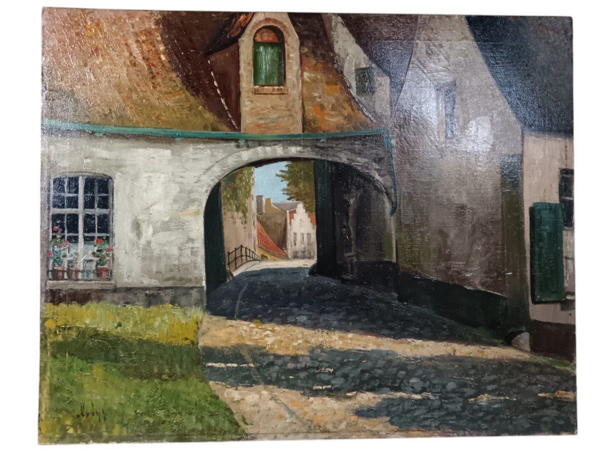 Beguinage. Oil On Canvas "the Entrance To The Beguinage, Bruges" 75.5 X 60.5 Cm