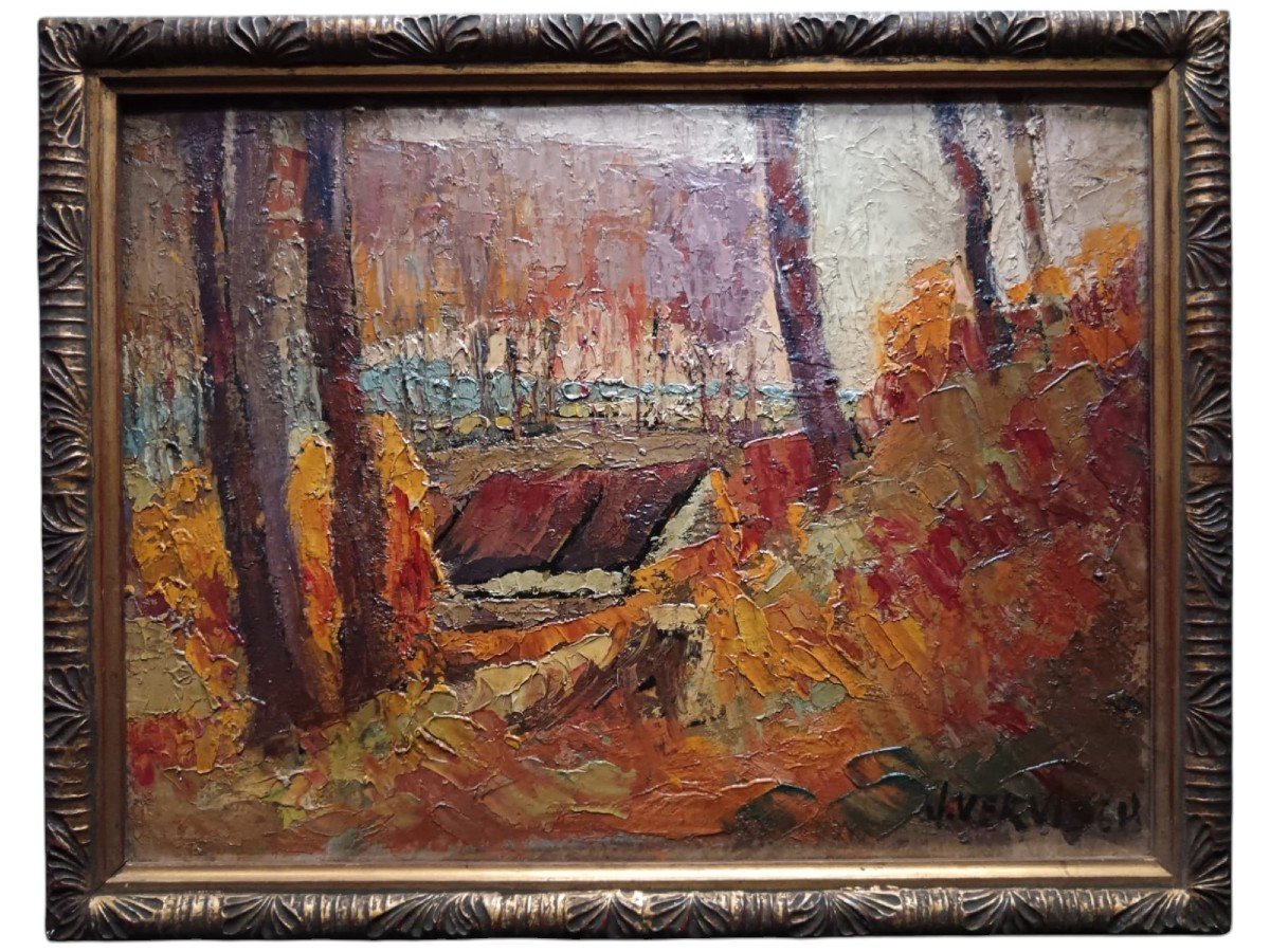 Jean Vervisch. Huile Sur Carton " La Cabane Dans Les Bois" 40 X 29,8 Cm