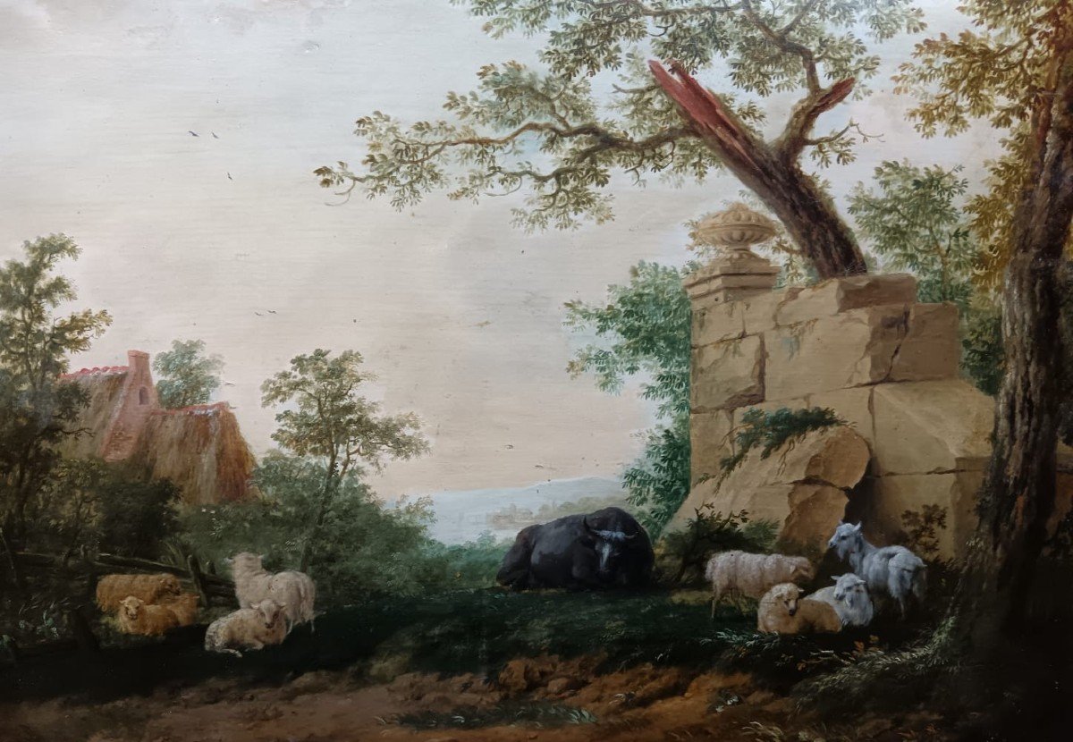 Entourage de Huet. Huile sur panneau "le taureau et les moutons près des ruines" 50 X 37,5 Cm-photo-3