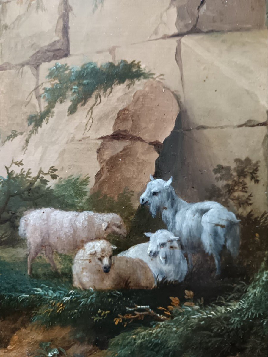 Entourage de Huet. Huile sur panneau "le taureau et les moutons près des ruines" 50 X 37,5 Cm-photo-8