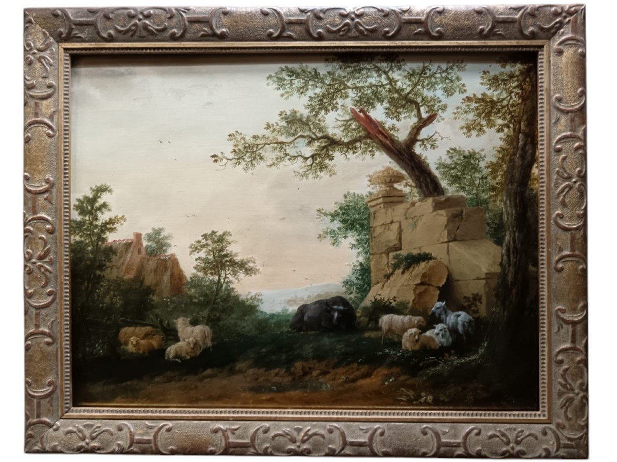 Entourage de Huet. Huile sur panneau "le taureau et les moutons près des ruines" 50 X 37,5 Cm