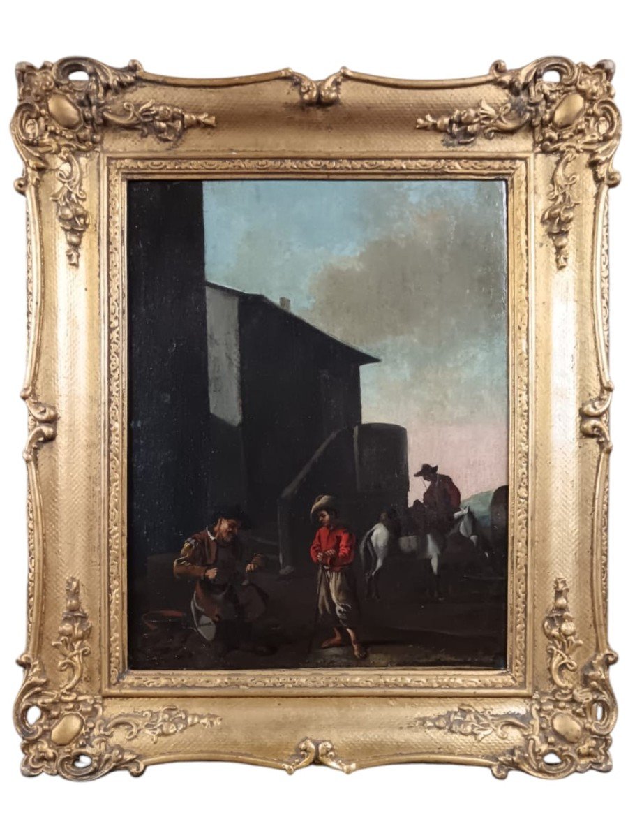 Van Laer Workshop. Oil On Canvas "the Shoemaker And The Little Traveler" 48.5 X 38.5 Cm