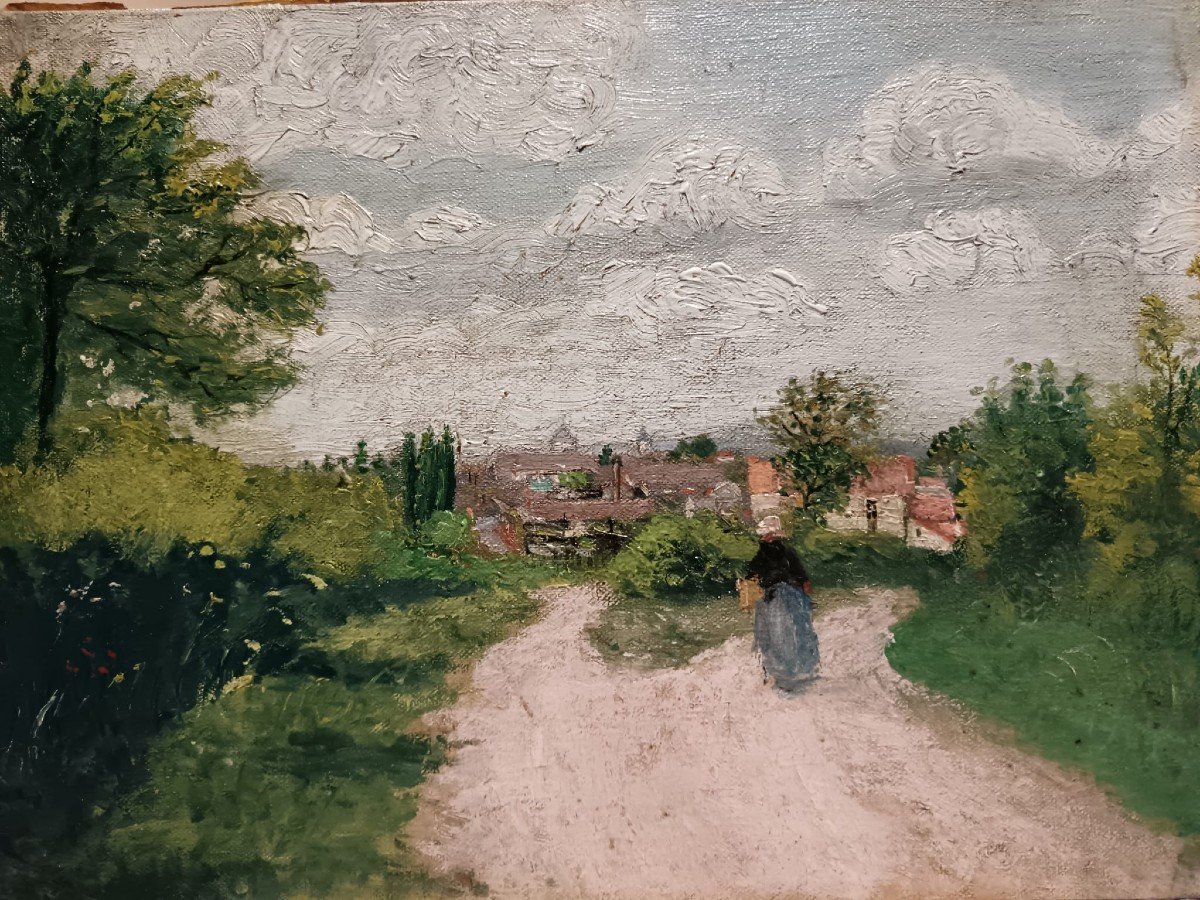 Neo-impressionism. Oil On Cardboard-canvas "peasant Woman On The Way To Her Village" 35 X 24 Cm-photo-2