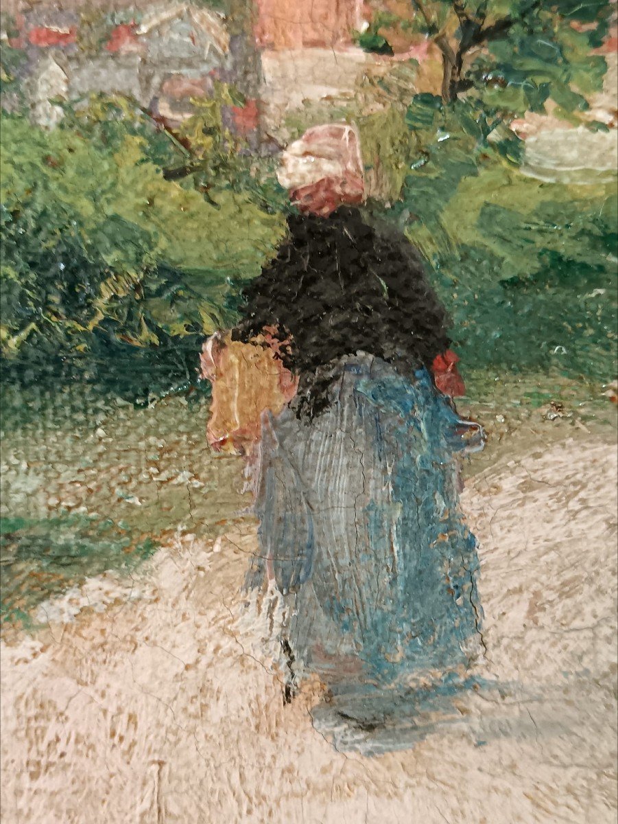 Neo-impressionism. Oil On Cardboard-canvas "peasant Woman On The Way To Her Village" 35 X 24 Cm-photo-5