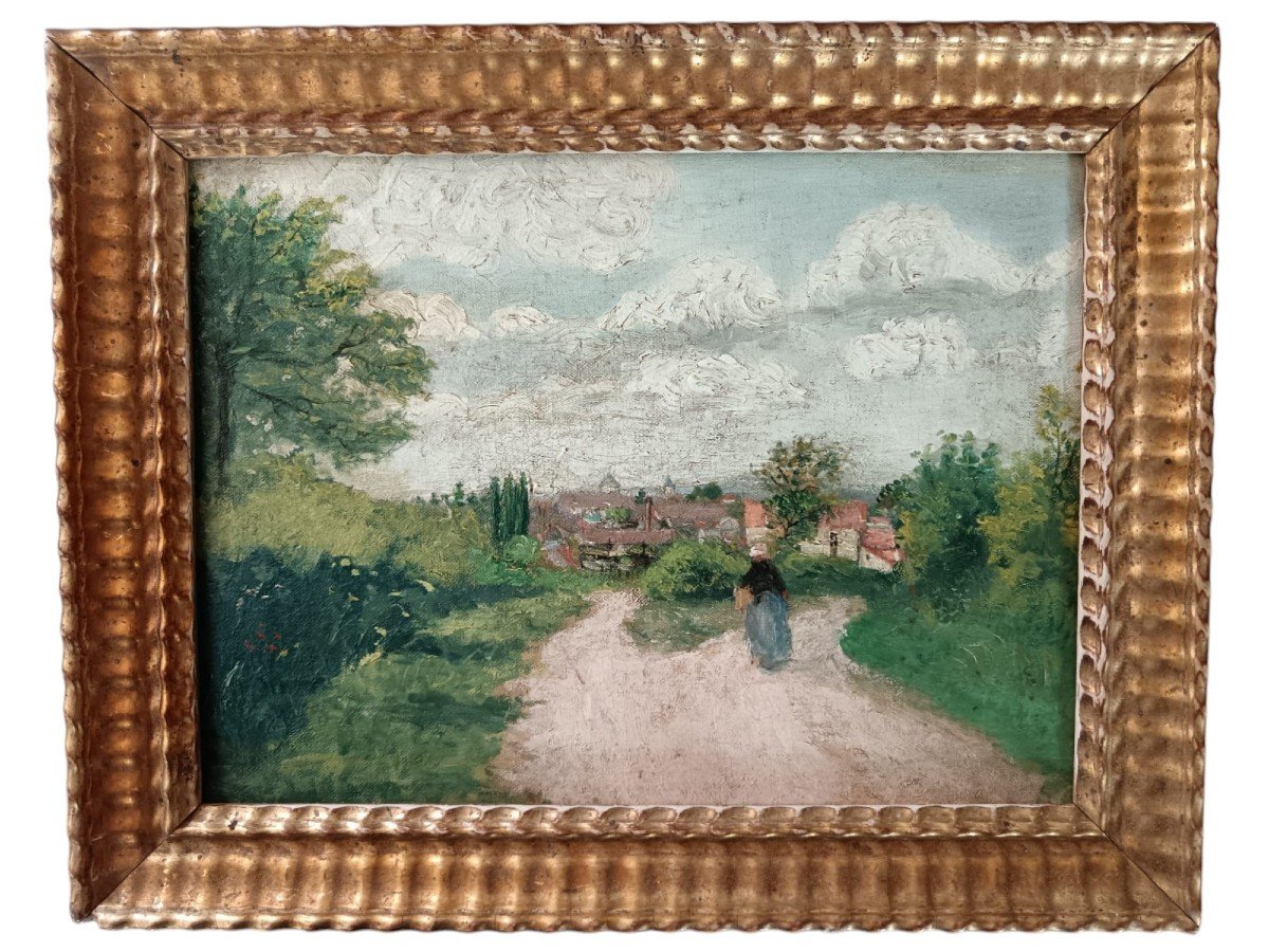 Neo-impressionism. Oil On Cardboard-canvas "peasant Woman On The Way To Her Village" 35 X 24 Cm