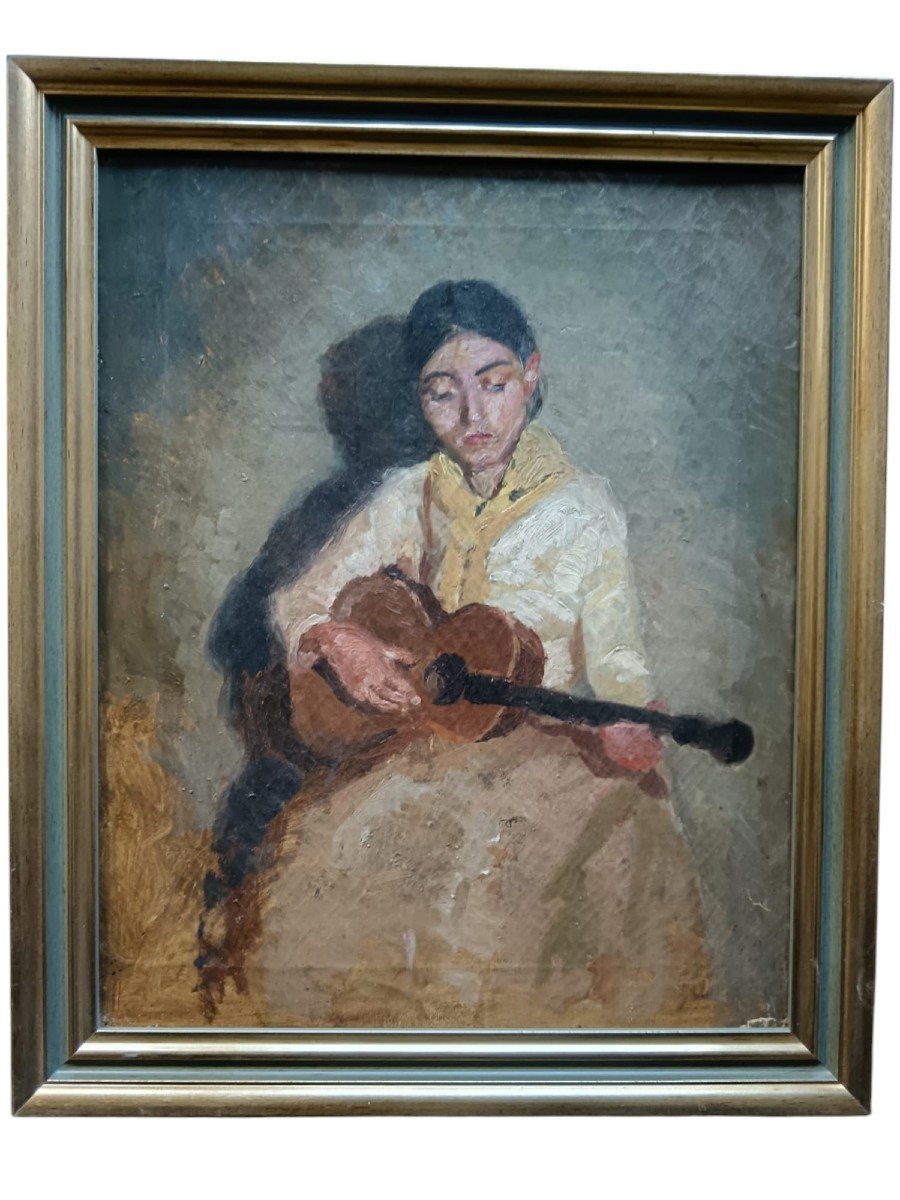 Oil On Canvas "young Girl Playing The Guitar" 41.2 X 33.2 Cm