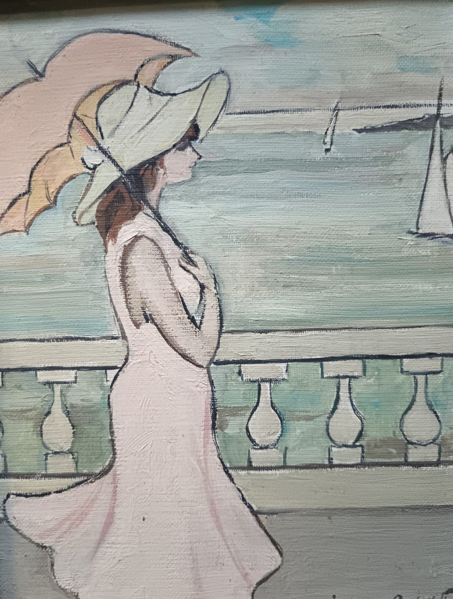 Simon-auguste. Oil On Canvas "walk On The Terrace" 24.4 X 19cm-photo-1