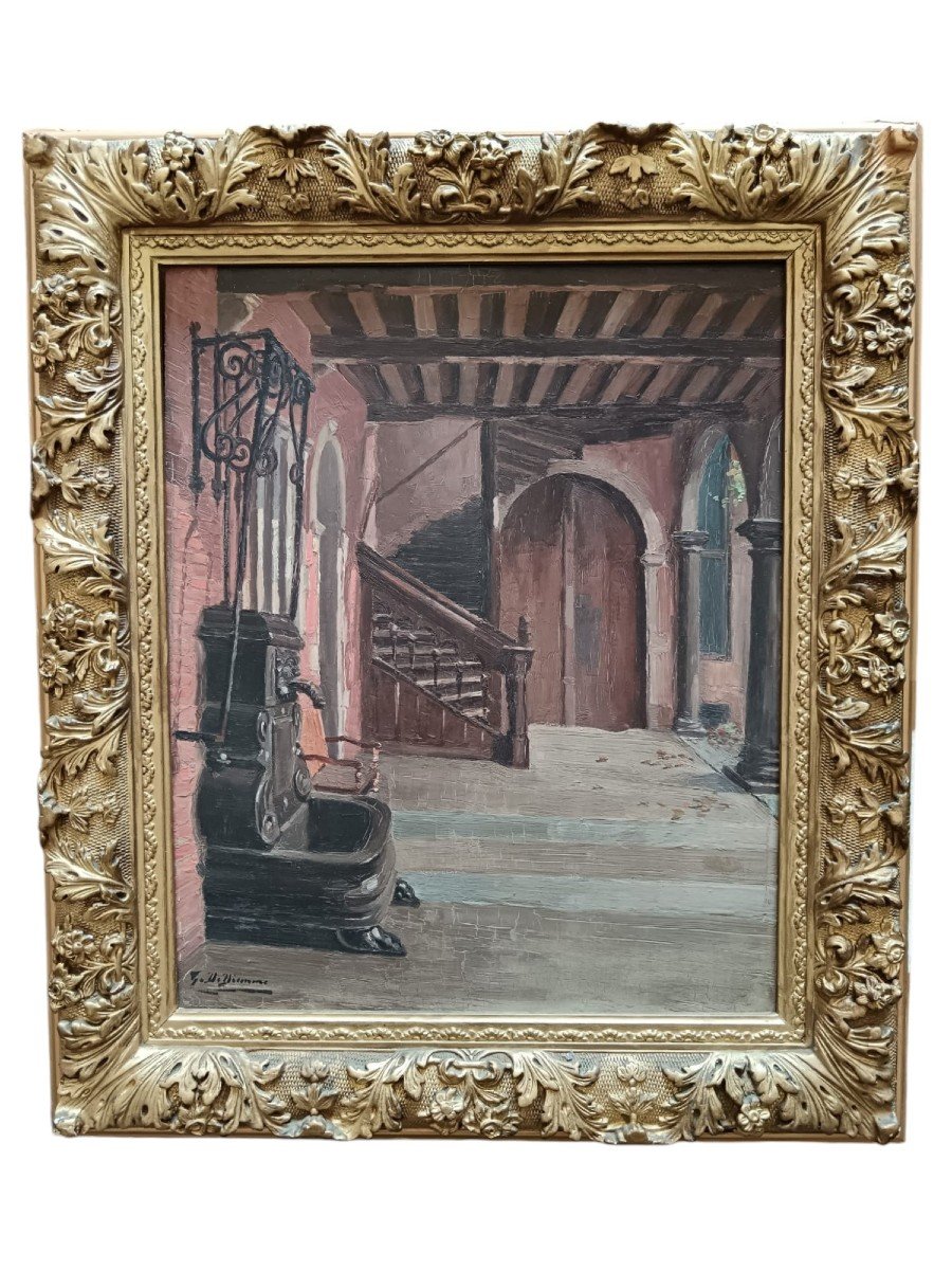 Gaston De Biemme. Oil On Mahogany Panel "the Fountain In The Gallery" 46 X 37.5 Cm