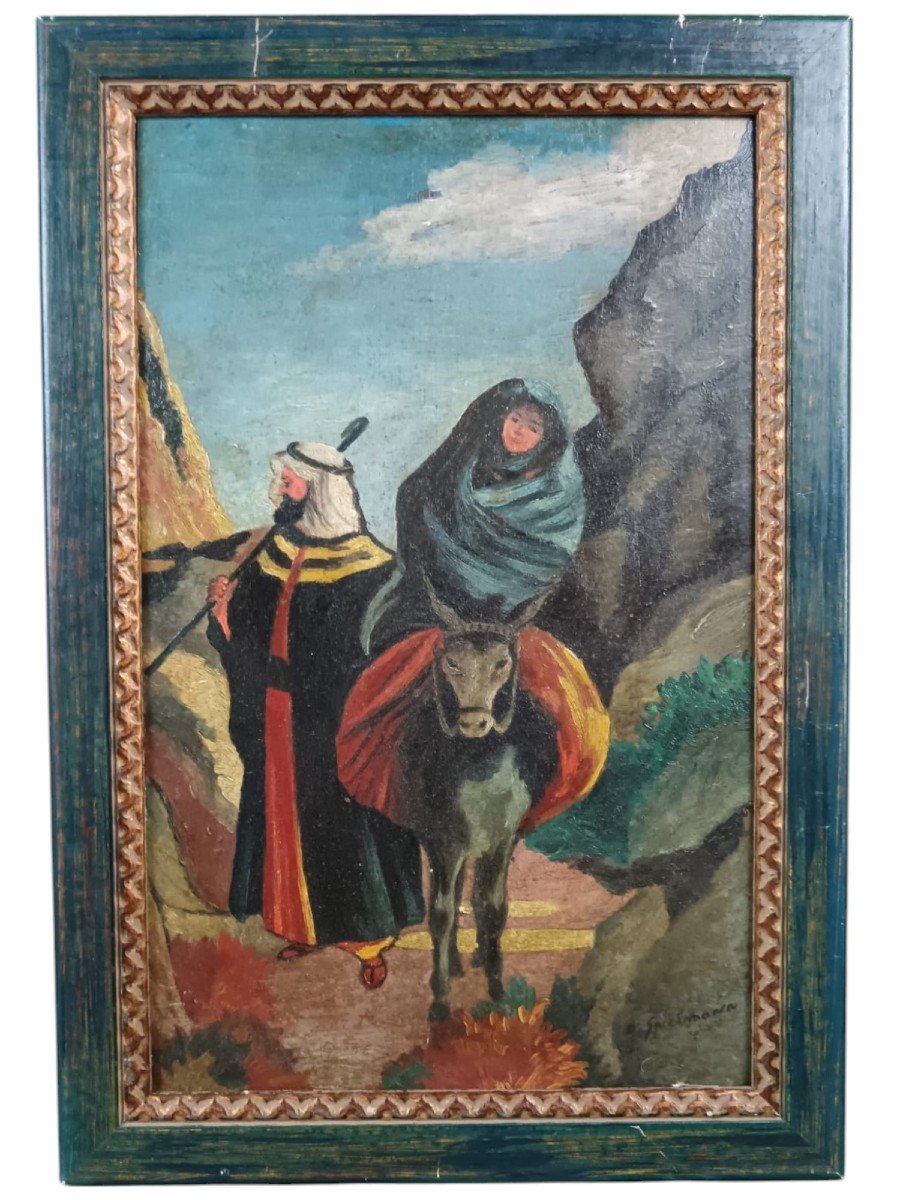 Oskar Spielmann. Huile Sur Panneau De Noyer "la Fuite En Egypte" 48,7 X 30cm