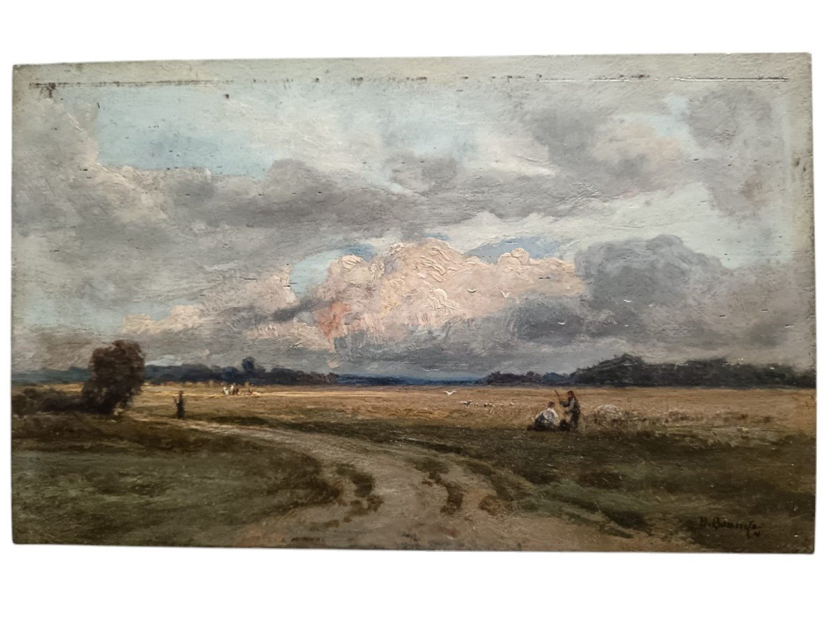 Barbizon School. Oil On Oak Panel "work In The Fields" 24.2 X 14.7 Cm-photo-4